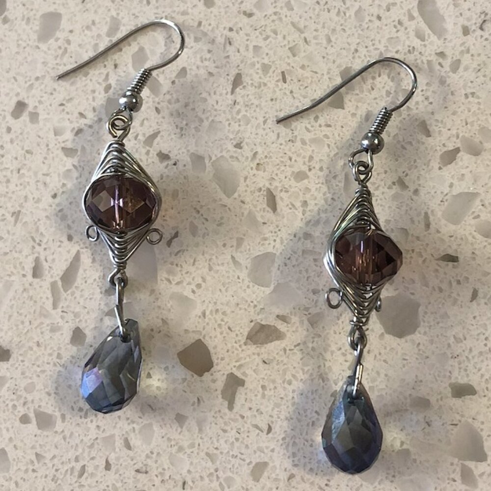 Handmade Wire-Wrapped Dangle Earrings with Purple & Blue Crystals